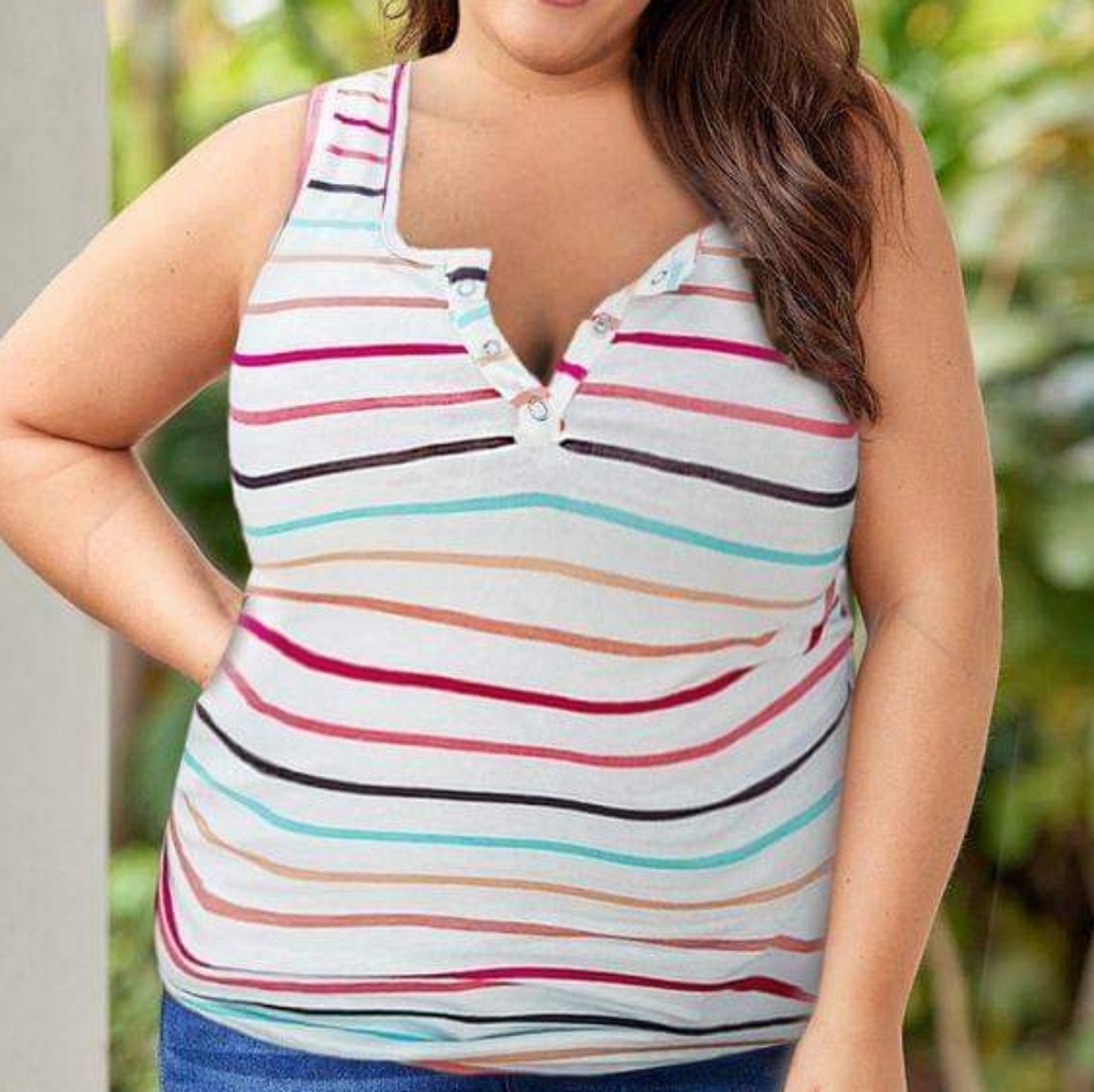 NEW WITH TAGS Plus Size Multi-color Stripe Henley Tank